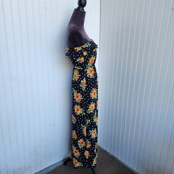 Bongo Maxi Dress Womens Black Yellow Sunflower Strapless Chic Floral Ruffle Sz S - Picture 4 of 13